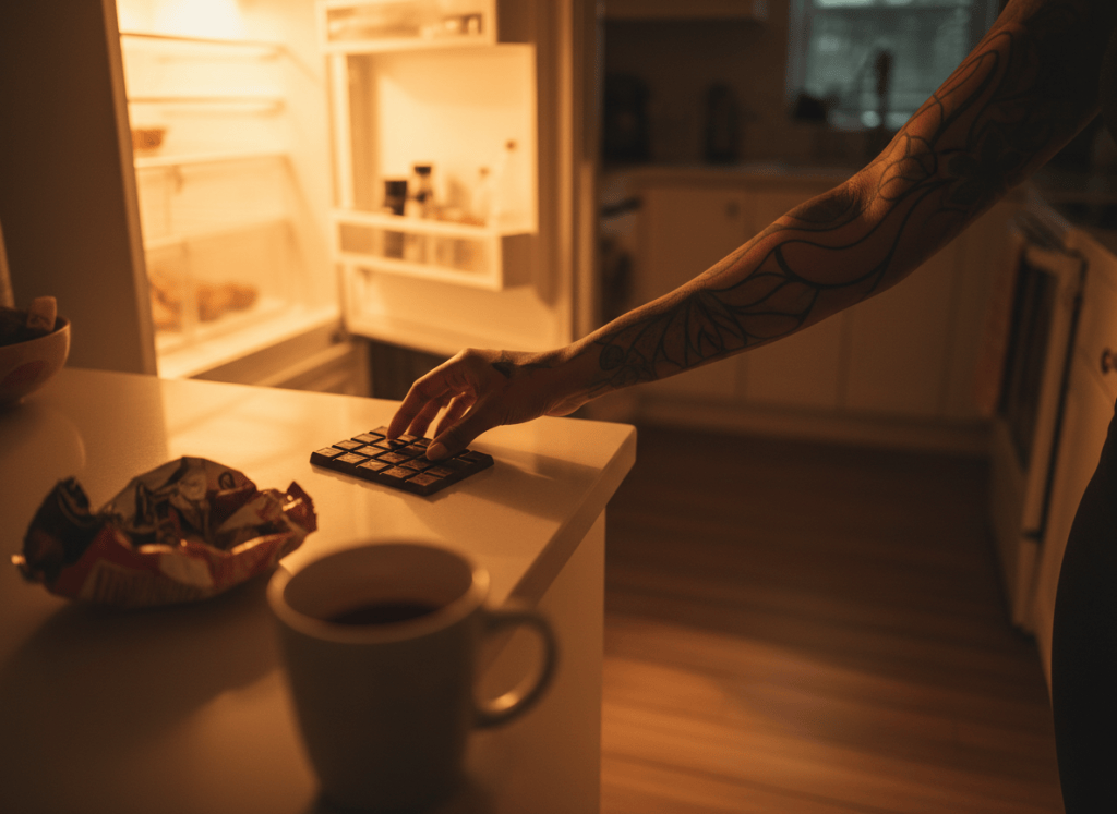 Une main tatouée attrape discrètement une tablette de chocolat la nuit, à la lumière du frigo