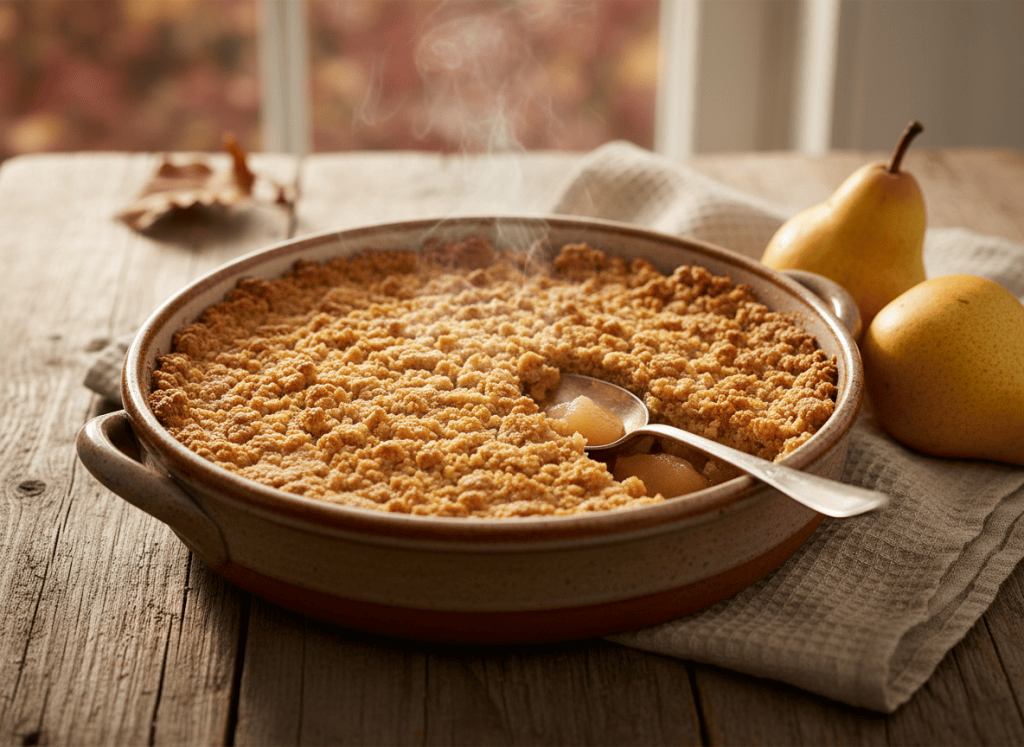 Crumble aux poires tout chaud avec une cuillère plantée dedans sur une table en bois