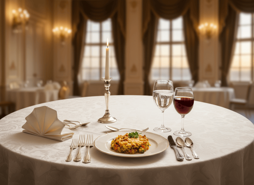 Table dressée comme pour un dîner de gala, avec une simple assiette de reste de gratin