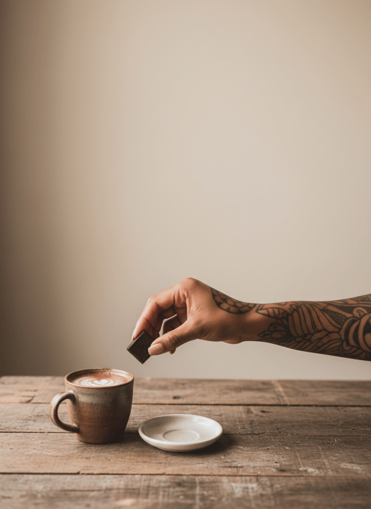 Main tatouée tenant un carré de chocolat à côté d'une tasse de chocolat chaud